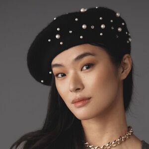 Anthropologie Maeve Pearl Embellished Wool Beret
